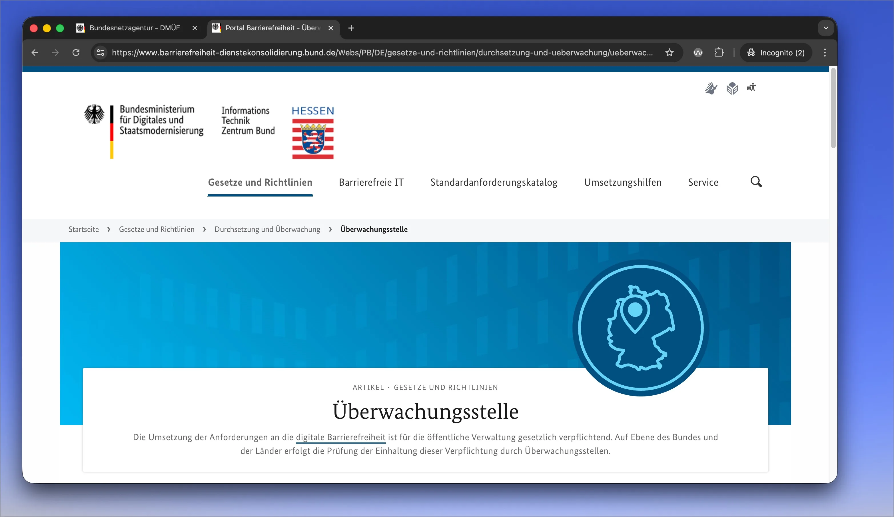 Screenshot des Portals barrierefreiheit-digitalisierung.bund.de: Seite 'Überwachungsstelle' des Bundesministeriums für Digitales und Staatsmodernisierung. Der Text erklärt, dass Überwachungsstellen des Bundes und der Länder die Einhaltung der digitalen Barrierefreiheitspflichten für die öffentliche Verwaltung prüfen.