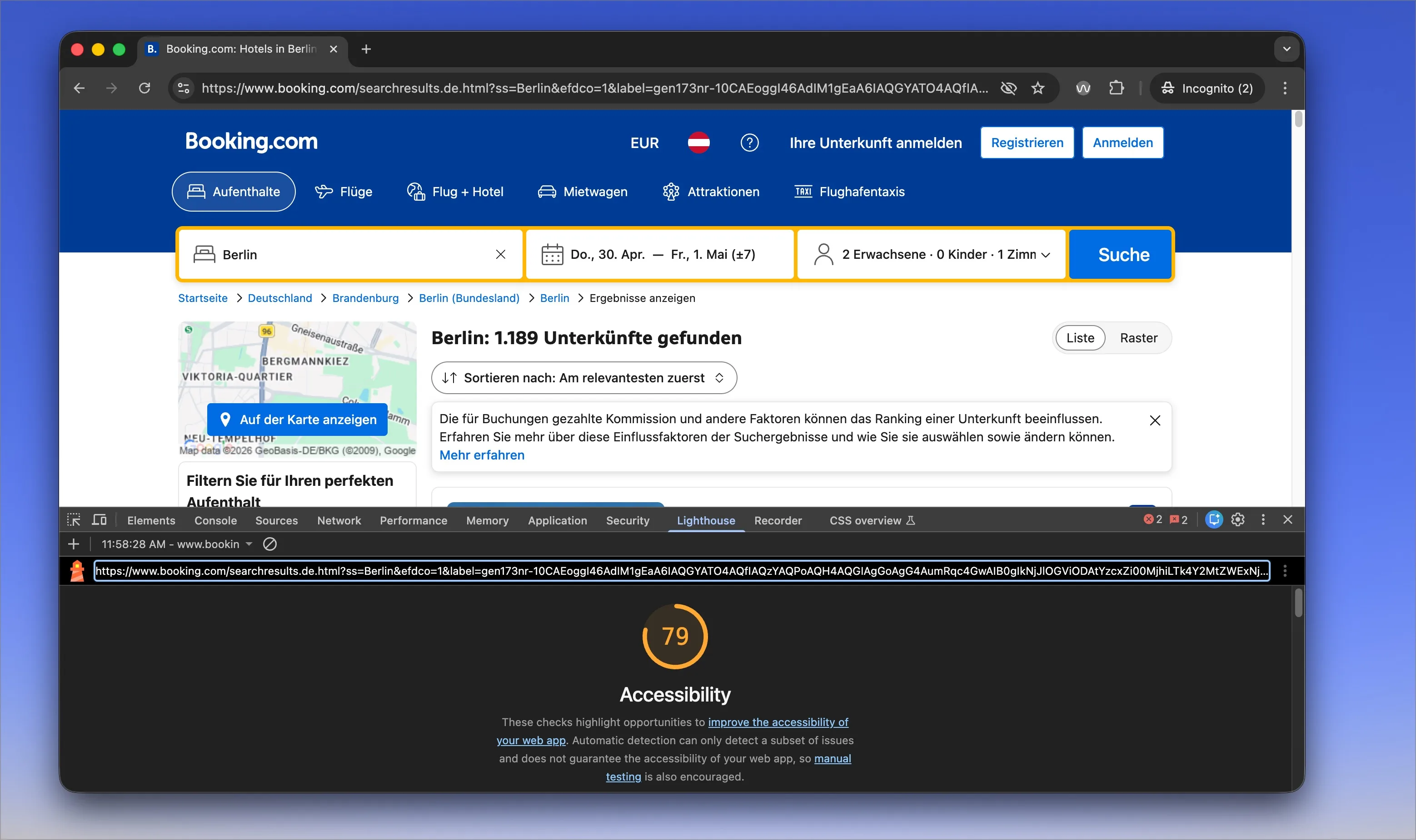 Lighthouse Accessibility-Audit in Chrome DevTools zeigt Score 79 von 100 für booking.com. Darunter der Hinweis, dass automatische Erkennung nur einen Teil der Probleme findet und manuelles Testen empfohlen wird.