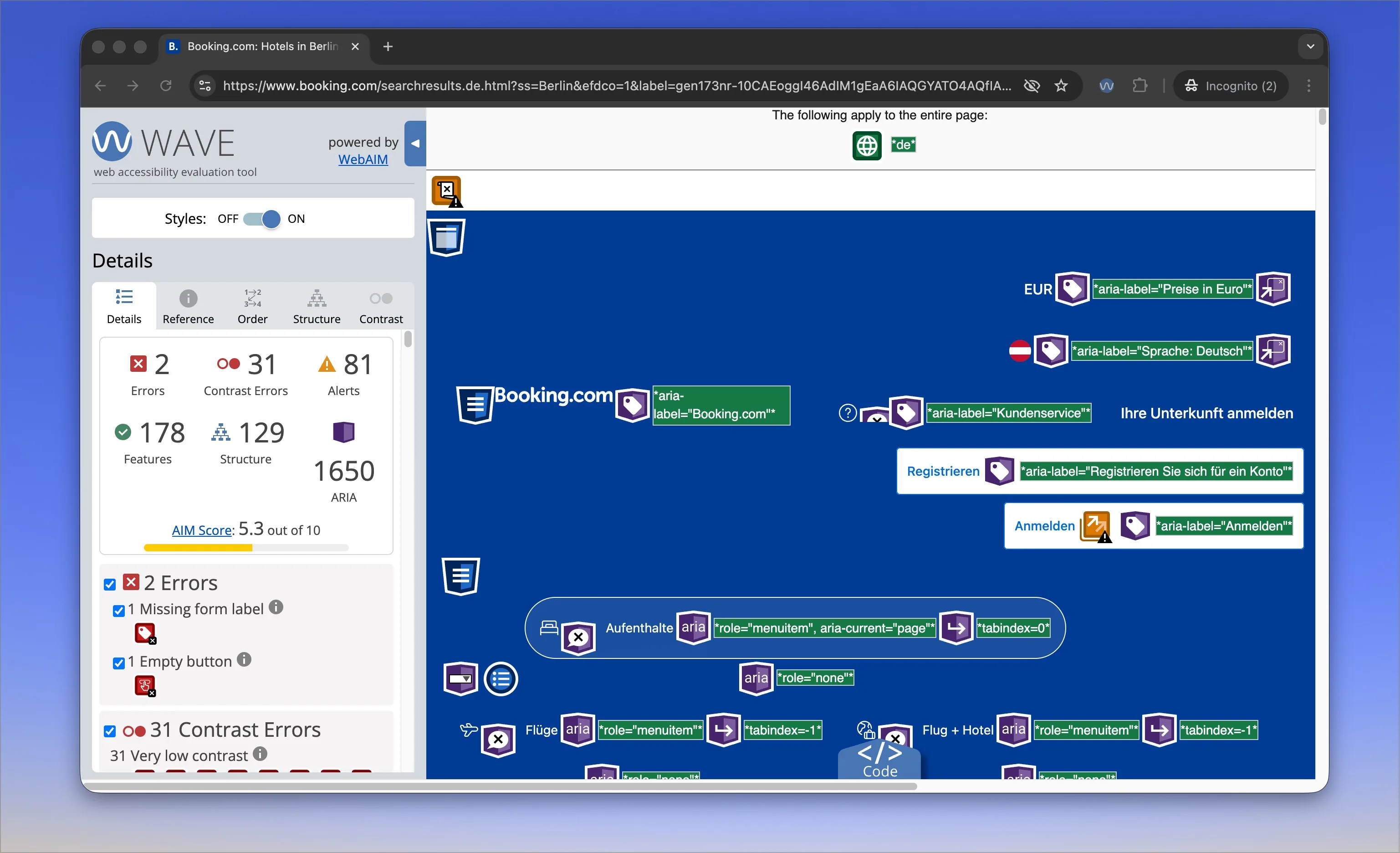 WAVE-Tool analysiert die Website des Bundesbehindertenbeauftragten: Linkes Panel zeigt 2 Fehler (gebrochene ARIA-Referenzen), 1 Kontrastfehler und 12 Warnungen. Die Website selbst ist mit farbigen Icons überlagert, die jedes Problem direkt am Ort markieren.