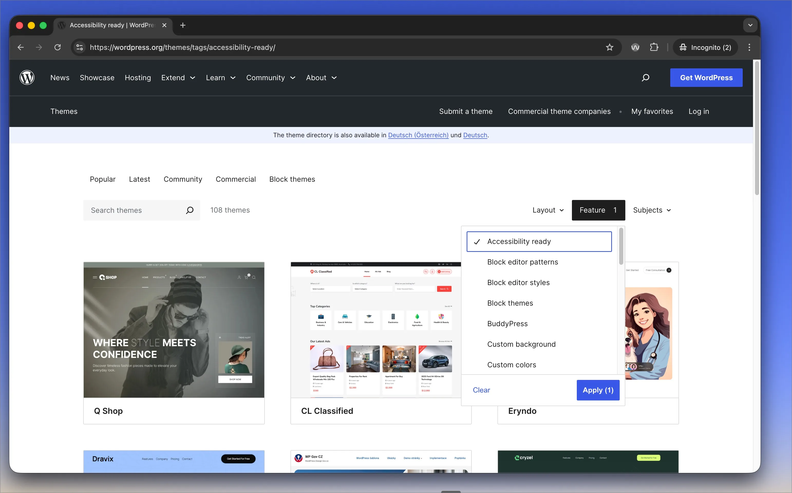 WordPress.org Theme-Verzeichnis mit geöffnetem Feature-Filter: 'Accessibility ready' ist ausgewählt. Das Ergebnis zeigt 106 Themes, die dieses Kriterium erfüllen.